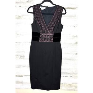 Kay Unger New York Black Velvet Lace V Neck Midi Dress Womens 8 Cocktail